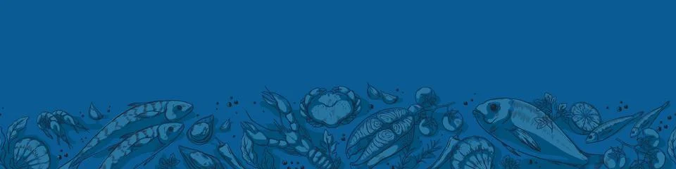 Fish pattern. Seafood restaurant menu for Mediterranean sea food market Stock Illustration