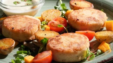 Fish patties with a side dish Stock Photos