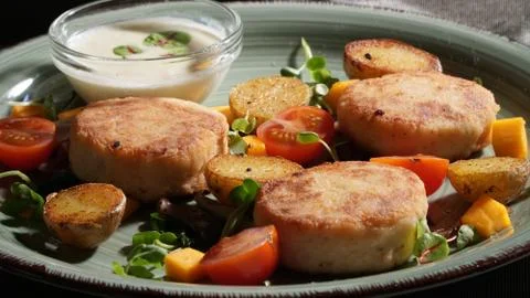 Fish patties with a side dish Stock Photos