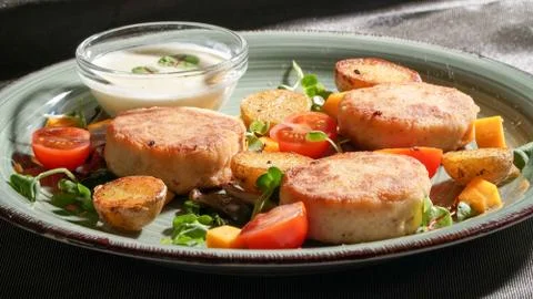 Fish patties with a side dish Stock Photos