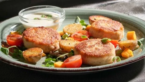 Fish patties with a side dish Stock Photos