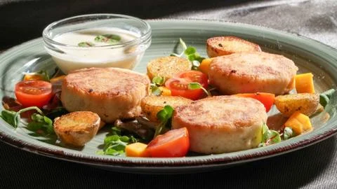Fish patties with a side dish Stock Photos