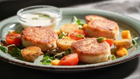 Fish patties with a side dish Stock Photos
