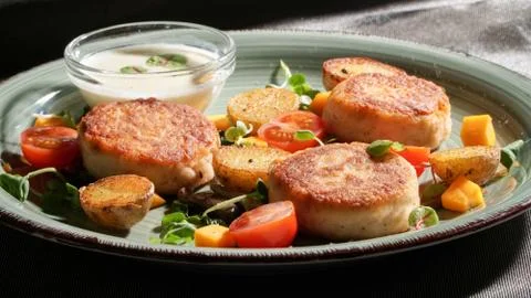 Fish patties with a side dish Stock Photos