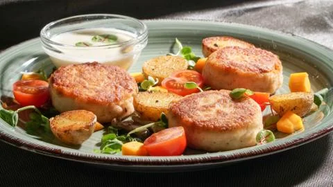 Fish patties with a side dish Stock Photos