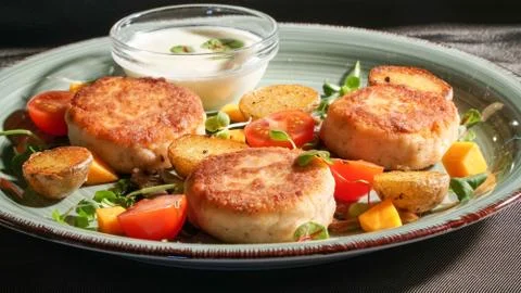 Fish patties with a side dish Stock Photos