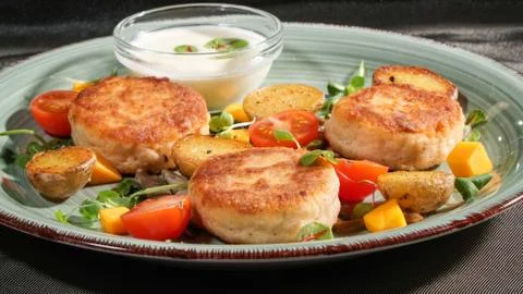 Fish patties with a side dish Stock Photos