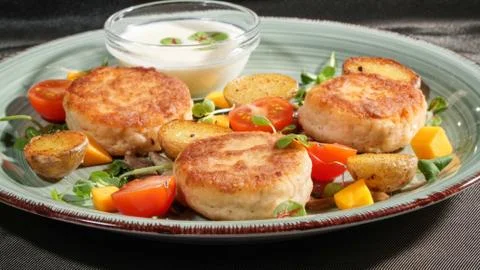 Fish patties with a side dish Stock Photos