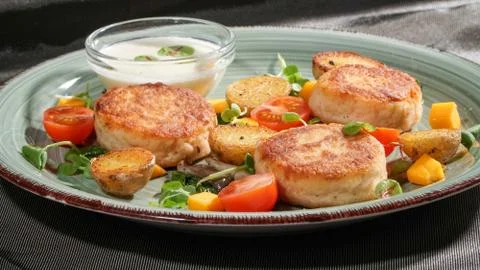 Fish patties with a side dish Stock Photos