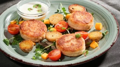 Fish patties with a side dish Stock Photos