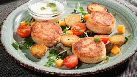 Fish patties with a side dish Stock Photos