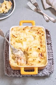 Fish pie topped with mashed potato Stock Photos