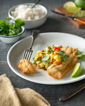 Fish With Pineapple Jalapeno Salsa Stock Photos