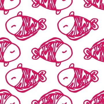Fish pink pattern. seamless pattern of round thick FISH with pink outline on Stock Illustration