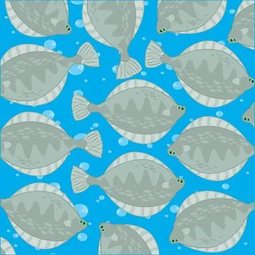 Fish plaice decorative pattern on turn blue background Stock Illustration