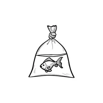 A fish in the plastic bag hand drawn outline doodle icon. Stock Illustration