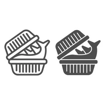 Fish in plastic box line and solid icon, Fish market concept, Trout Pack sign on Illustrazione stock