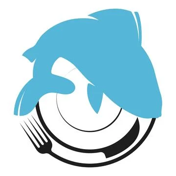Fish on a plate and fork knife, a symbol for seafood food Stock Illustration