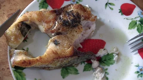 Fish in the plate. Cutlery Stock Footage 106451395