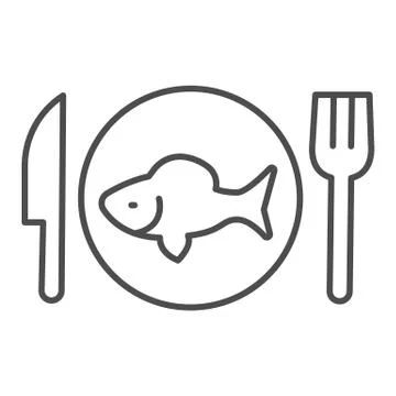 Fish in plate with fork and knife thin line icon, seafood concept, Menu fish Stock Illustration