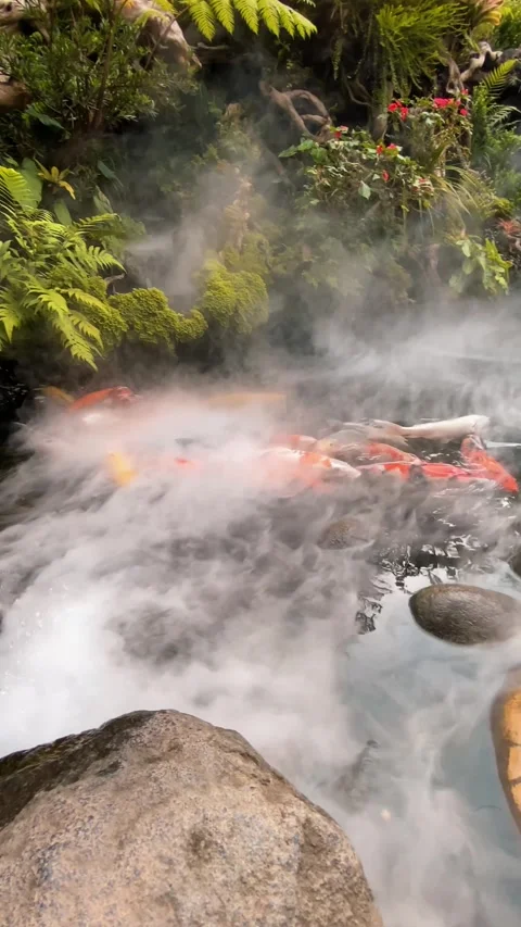 Fish pond with mist effect surrounded by rocks Stock Footage 289039099