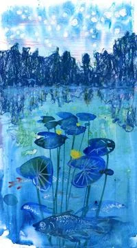 Fish in a pond surrounded by a night forest. Stars over the pond. Ilustração Stock