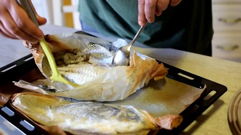 Fish preparation cooking Video stock 76036002
