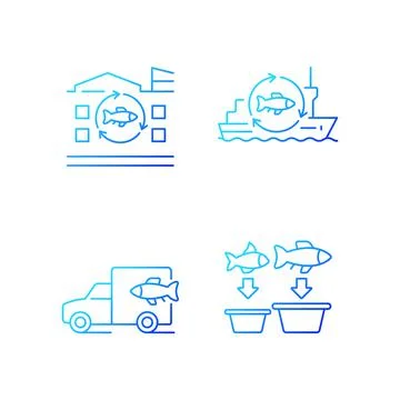 Fish processing and transportation gradient linear vector icons set Stock Illustration