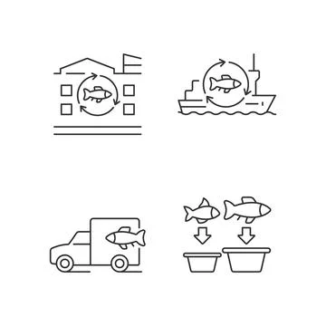 Fish processing and transportation linear icons set Stock Illustration