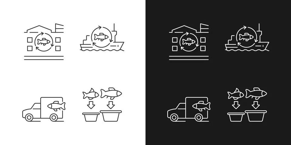 Fish processing and transportation linear icons set for dark and light mode Stock Illustration