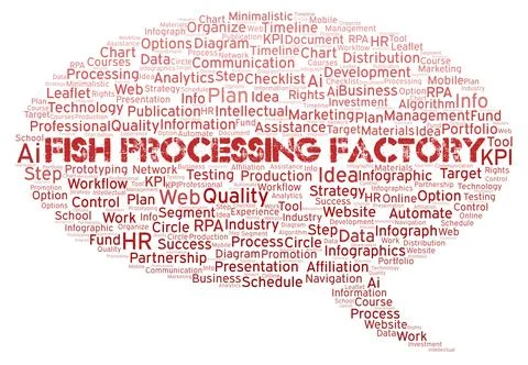 Fish Processing Factory typography word cloud create with the text only. Illustrazione stock