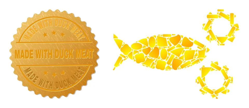 Fish Processing Gears Icon Mosaic of Gold Fractions and Metallic Made with Duck Illustrazione stock