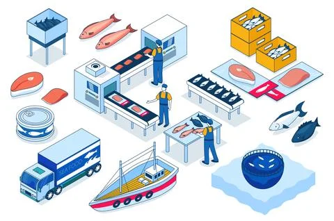 Fish Processing Isometric Elements Stock Illustration