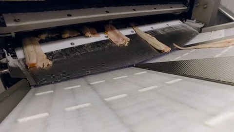 Fish Processing Plant. Fresh Slices of Salmon Coming Out of Machine Slot, Going Video stock 73892776