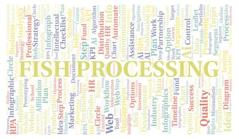 Fish Processing typography word cloud create with the text only. Illustrazione stock