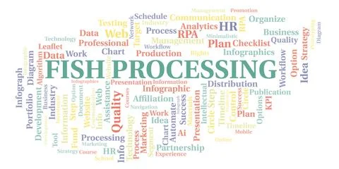Fish Processing typography word cloud create with the text only. Illustrazione stock
