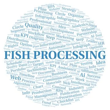 Fish Processing typography word cloud create with the text only. Illustrazione stock