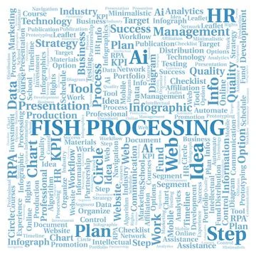 Fish Processing typography word cloud create with the text only. Illustrazione stock
