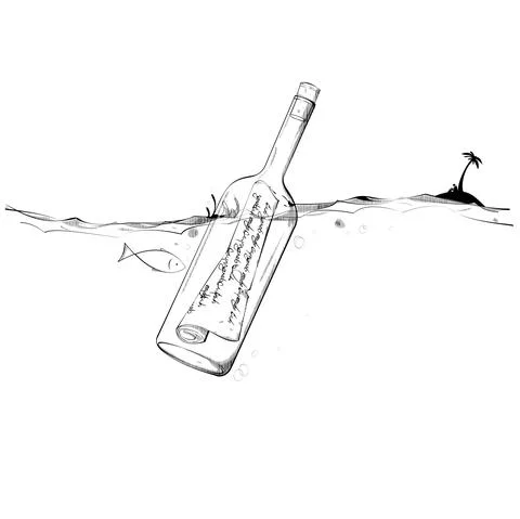 Fish reads paper message in floating bottle Stock Illustration