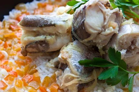 Fish &amp; rice with vegetables Stock Photos