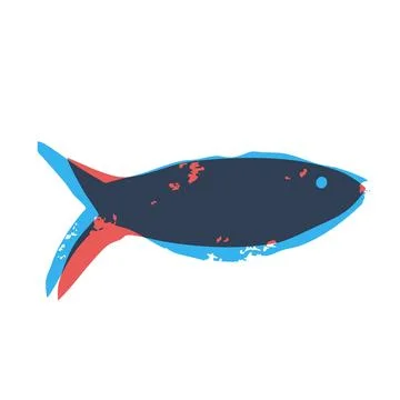 Fish risograph. Sardine riso print. Salmon silhouette. Undersea animal. Vector Stock Illustration