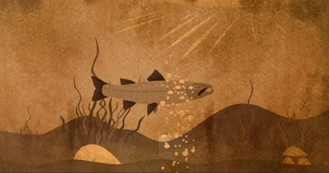 Fish in river cartoon animation in aged paper style of trout Stock Footage 157907359