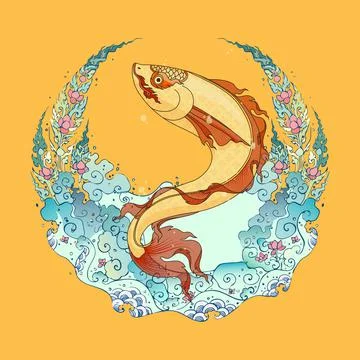Fish in the river thai pattern filigree decoration vector illustration Stock Illustration