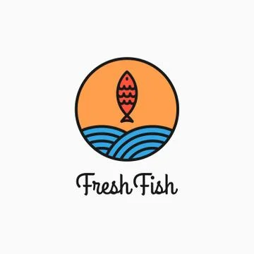 Fish round logo. Linear circle with fish and waves Stock Illustration