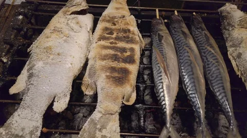 Fish in salt is fried on charcoal Stock Footage 126032665