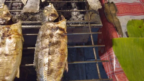 Fish in salt is fried on charcoal Stock Footage 126032752