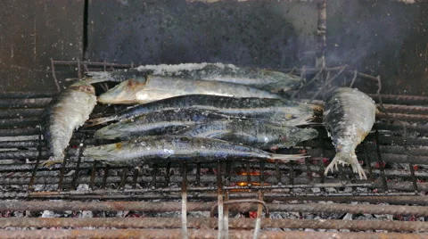 Fish Sardines Grilling on Grid Stock Footage 41421359
