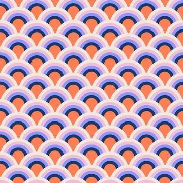 Fish scale abstract geometric groovy seamless pattern. Colorful striped half Illustrazione stock