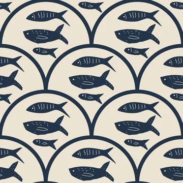 Fish scallop seamless pattern. Sardine stamp allover background. Anchovy repeat Stock Illustration
