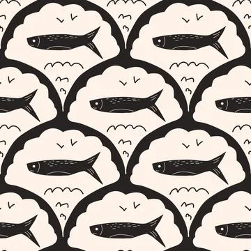 Fish scallop seamless pattern. Sardine stamp allover background. Anchovy repeat Stock Illustration